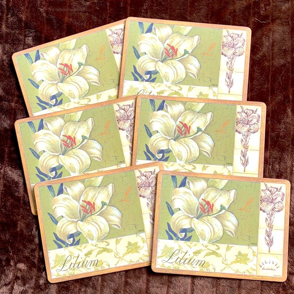 Pimpernel Lilium Candidum Placemats Set of 6‎ Green Cream Floral Excellent Cork